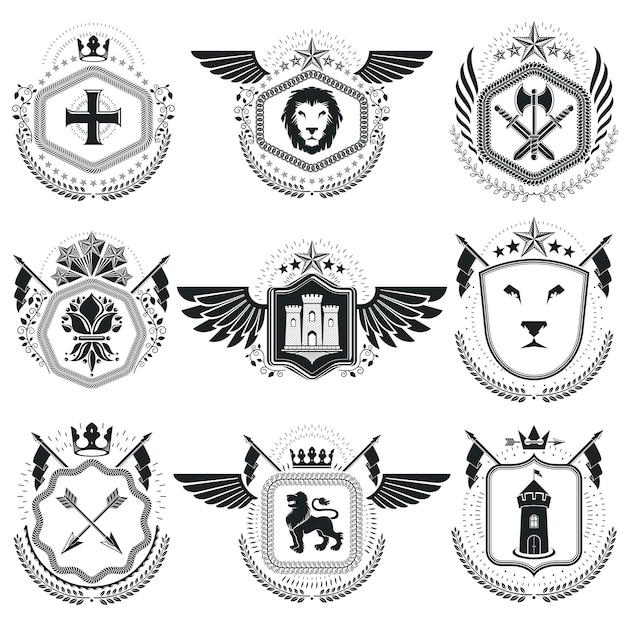 Heraldic emblems isolated vector illustrations. Collection of symbols in vintage style.