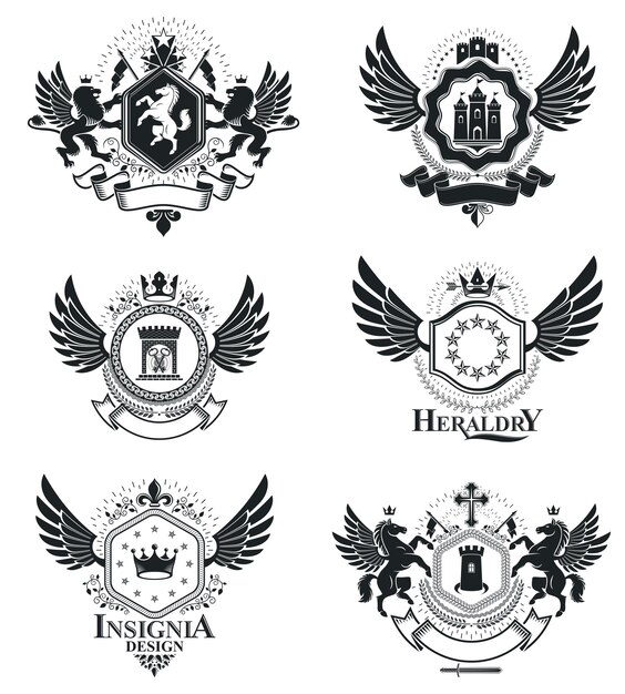 Vector heraldic emblems isolated vector illustrations. collection of symbols in vintage style.