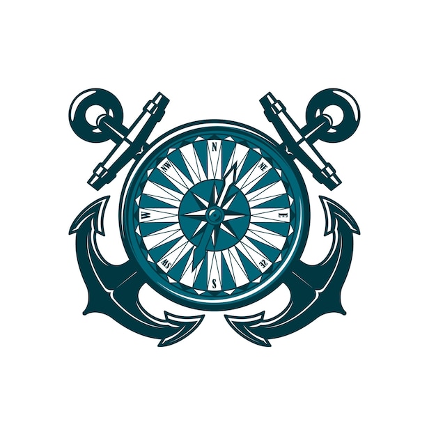 Vector heraldic icon with crossed anchors and compass