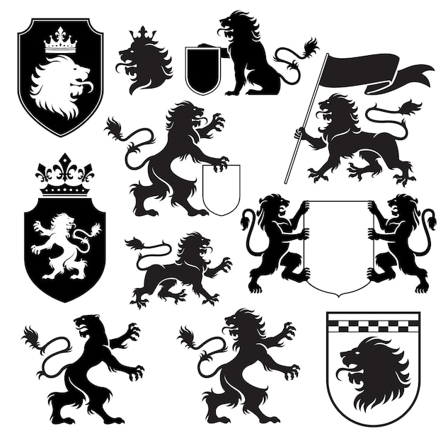 Vector heraldic lion silhouette set