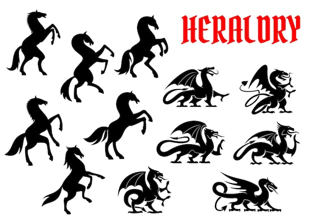 Heraldic mythical animals silhouette emblems