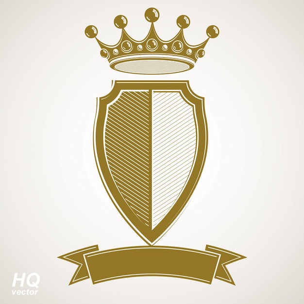 紋章の王室の紋章イラスト - 帝国の縞模様の装飾的な紋章。キング クラウンと様式化されたリボンのベクトル シールド。グラフィックやウェブデザインでの使用に最適な雄大なエレメント。