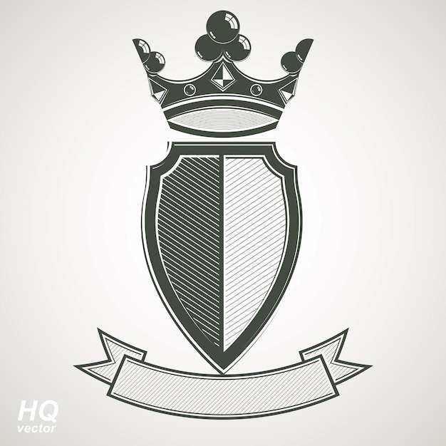 Heraldic royal blazon illustration - imperial striped decorative coat of arms. Vector shield with king crown and stylized ribbon. Majestic element, best for use in graphic and web design.
