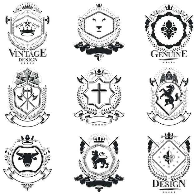 Segni araldici, elementi, emblemi araldici, insegne, segni, vettori. collezione di illustrazioni simboliche di alta qualità di classe, set vettoriale.