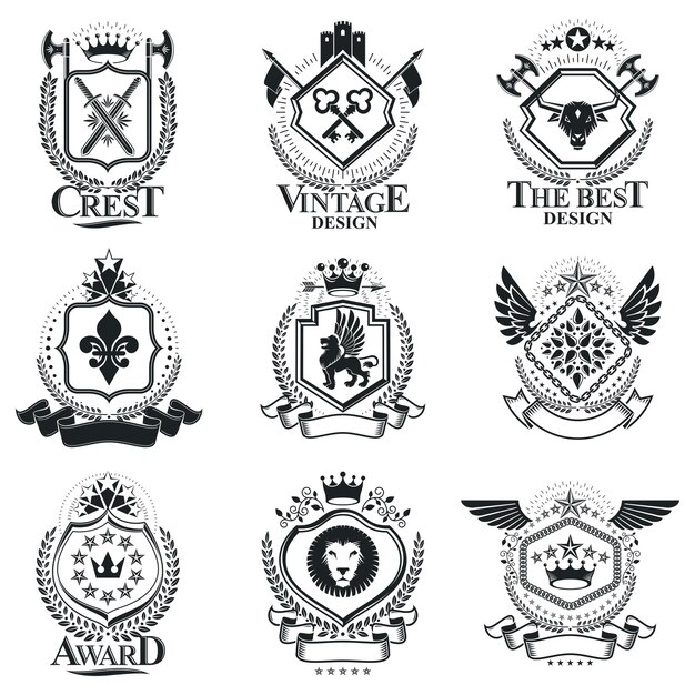 Vector heraldic signs, elements, heraldry emblems, insignias, signs, vectors. classy high quality symbolic illustrations collection, vector set.