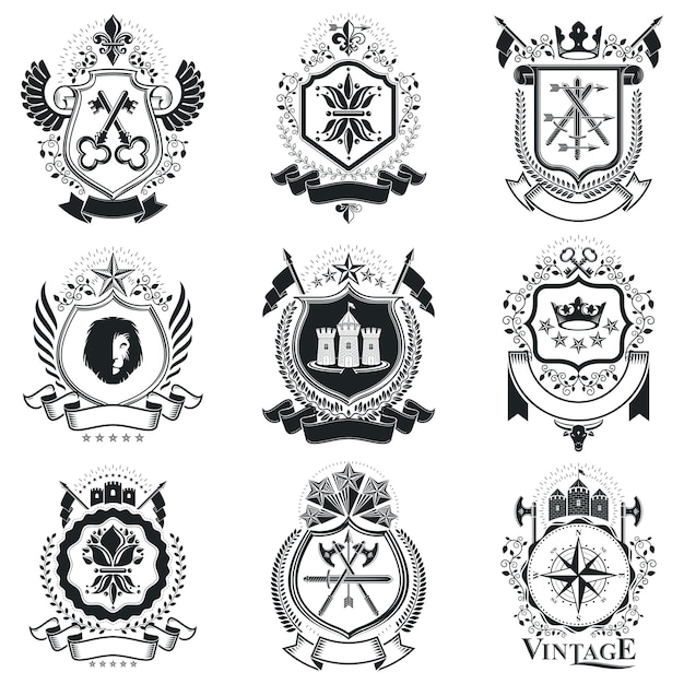 Heraldic signs vector vintage elements. collection of symbols in vintage style.