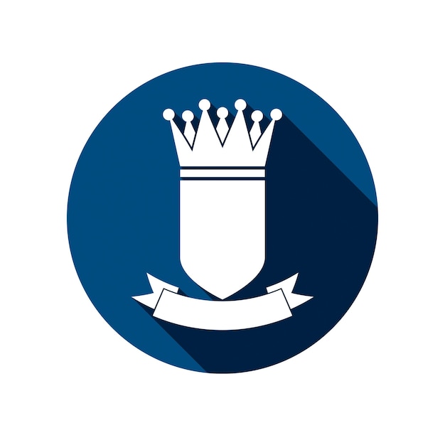 Геральдический символ, защитный щит с королевской короной и красивой лентой. Королевская эмблема, имперская стильная икона, для использования в графическом дизайне.