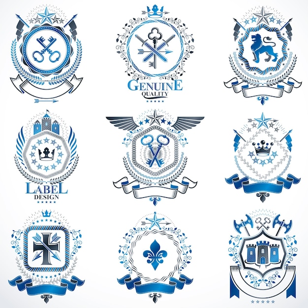 Heraldic vector signs decorated with vintage elements, monarch crowns, religious crosses, armory and animals. set of classy symbolic graphic insignias.