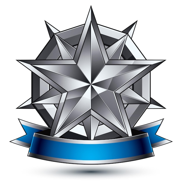 Геральдический векторный шаблон с многоугольной серебряной звездой, размерный королевский геометрический медальон с синей стильной волнистой лентой на белом фоне.
