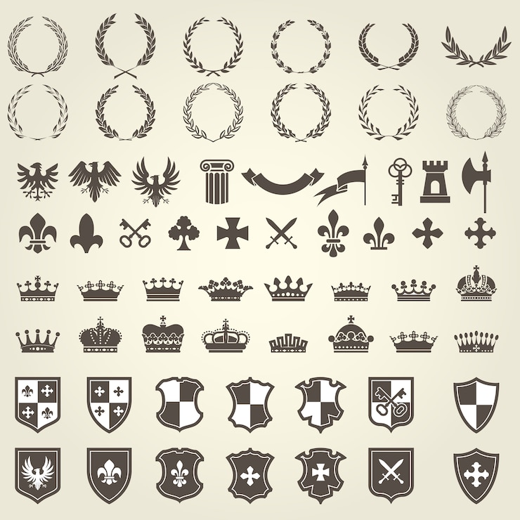 Vector heraldiekit met ridderblazers en wapenelementen - middeleeuwse heraldische emblemen