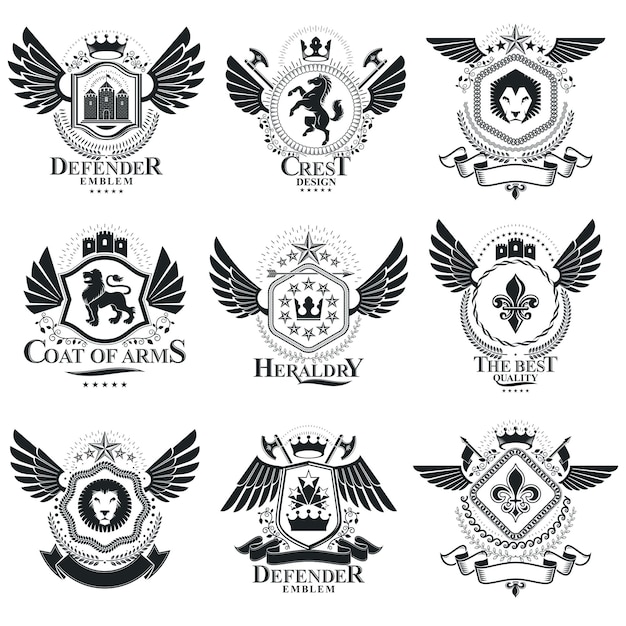 Heraldische ontwerpen, vector vintage emblemen. Wapenschild collectie, vector set.