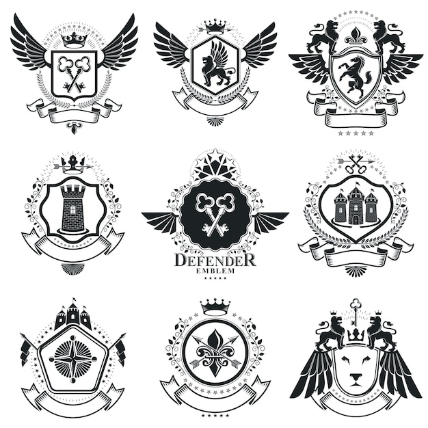 Heraldische ontwerpen, vector vintage emblemen. Wapenschild collectie, vector set.