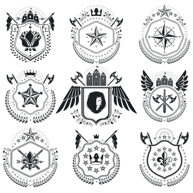 Heraldische tekenen vintage vectorelementen. Verzameling symbolen in vintage stijl.