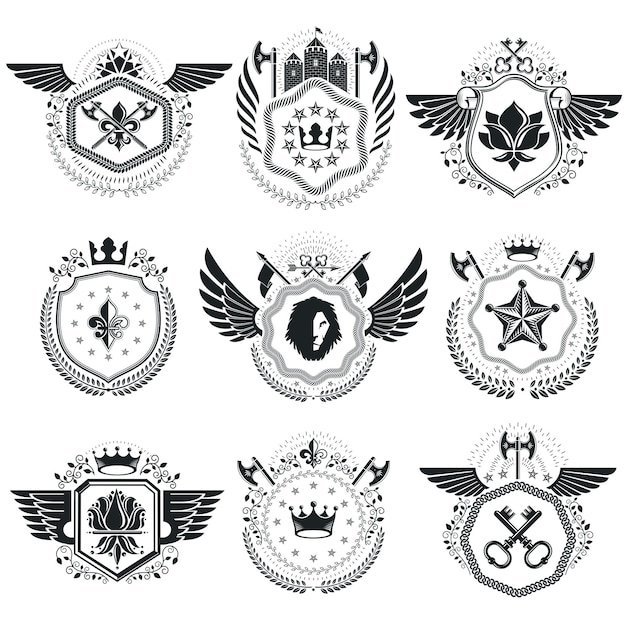 Vector heraldische tekenen vintage vectorelementen. verzameling symbolen in vintage stijl.