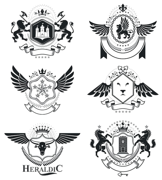 Heraldische tekens, elementen, heraldiekemblemen, insignes, tekens, vectoren. Stijlvolle symbolische illustratiescollectie van hoge kwaliteit, vectorset.