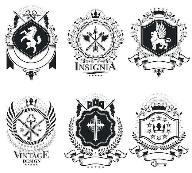 Heraldische wapenschild decoratieve emblemen geïsoleerde vectorillustraties. Vintage design elementen collectie.