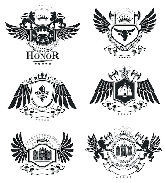 Heraldische wapenschild decoratieve emblemen geïsoleerde vectorillustraties. Vintage design elementen collectie.