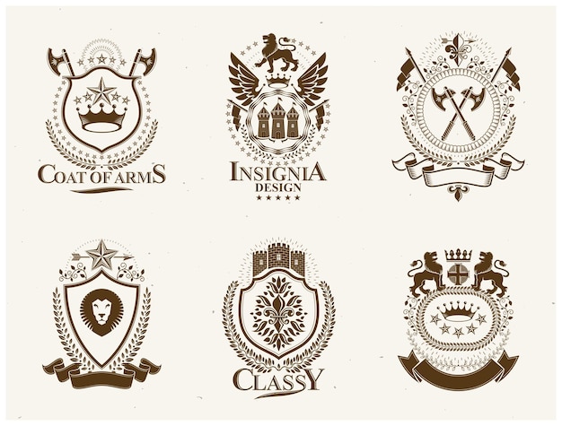 Heraldische wapenschild decoratieve emblemen geïsoleerde vectorillustraties. Vintage design elementen collectie.