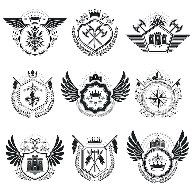 Heraldische wapenschild decoratieve emblemen. Verzameling symbolen in vintage stijl.