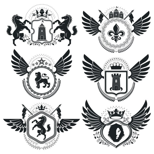 Heraldische wapenschild decoratieve emblemen. Verzameling symbolen in vintage stijl.