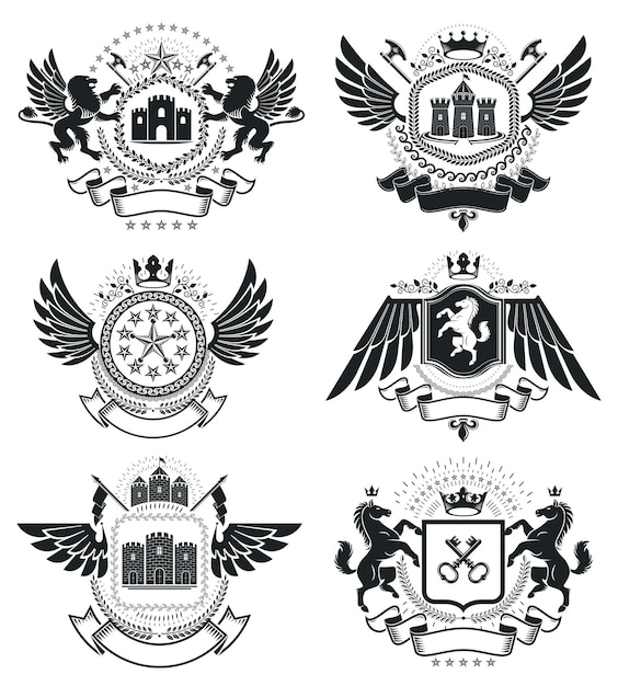 Heraldische wapenschild, vintage vector emblemen. Stijlvolle symbolische illustratiescollectie van hoge kwaliteit, vectorset.