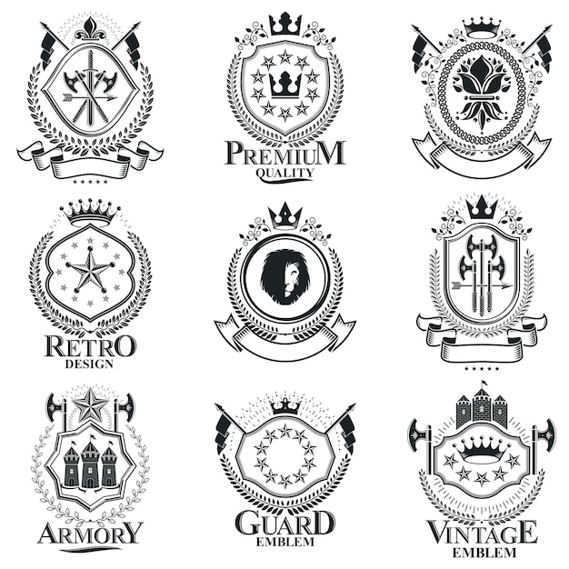 Heraldische wapenschild, vintage vector emblemen. Stijlvolle symbolische illustratiescollectie van hoge kwaliteit, vectorset.