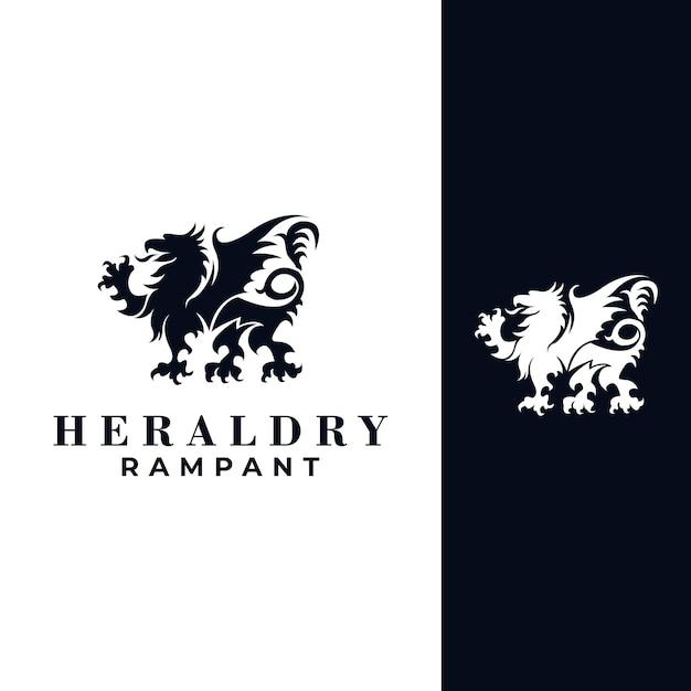 heraldry graphic of ancient griffon lion. heraldic luxury rampant animal vector template.