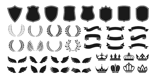 Heraldry vintage badge icon set crown shield ribbon wing wreath