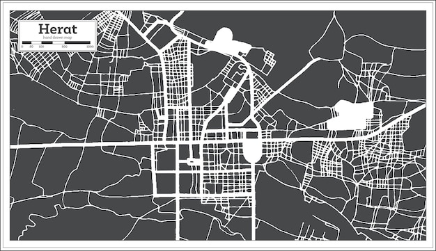 Карта города Афганистана Герата в черно-белом цвете в стиле ретро