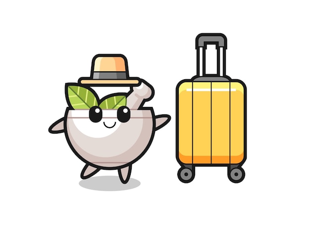 Herbal bowl cartoon illustration with luggage on vacation