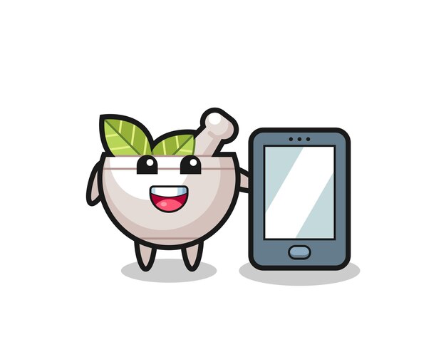 Herbal bowl illustration cartoon holding a smartphone , cute style design for t shirt, sticker, logo element