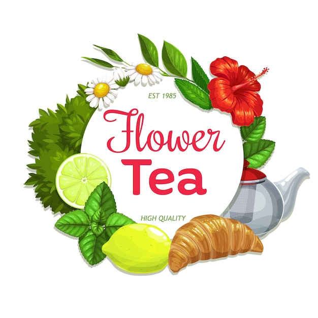 Herbal and flower tea with fruits and croissant