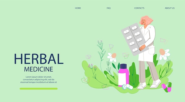 Vector herbal medicine web banner template with woman pharmacist cartoon vector illustration