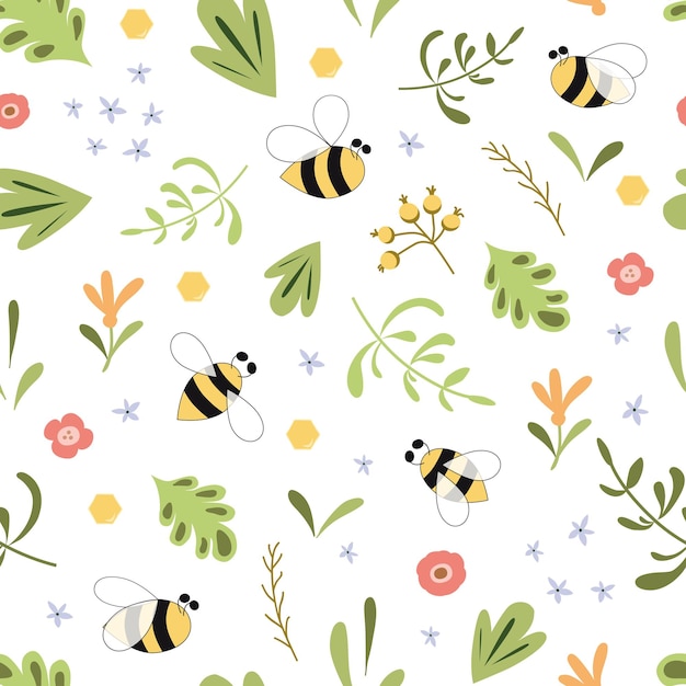 Herbal seamless pattern with insects bee Green herb background Nature organic design botany Bee animals