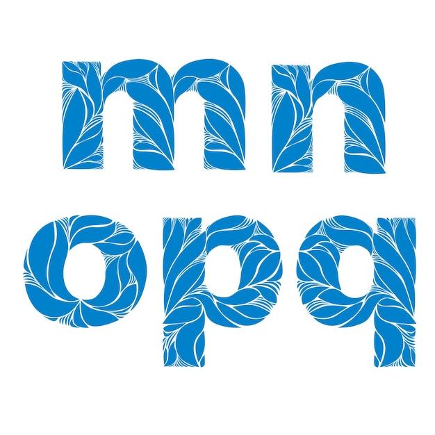 ハーブスタイルの青いベクトルフォント、花のエレガントな装飾と植字。 m、n、o、p、q、小文字。