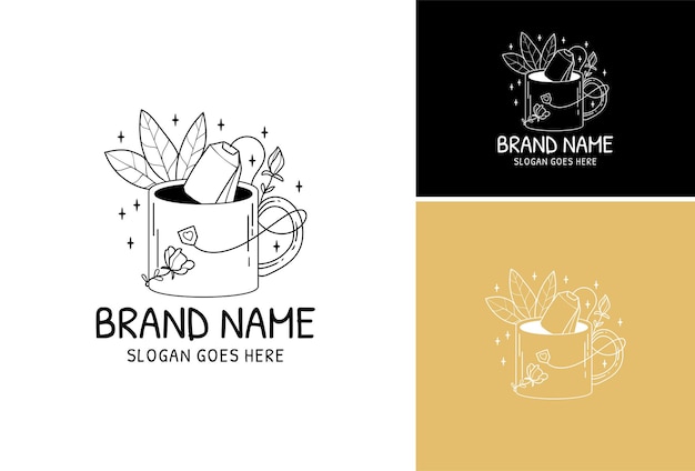 Herbal Tea bag in the cup Set Logo Vector Hand drawn a cup different herbs plants and flower