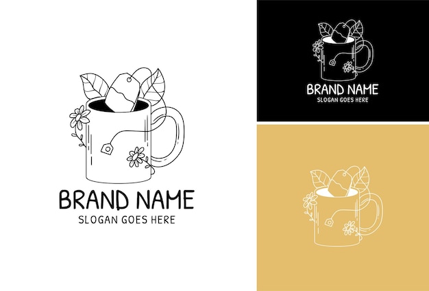 Herbal Tea bag in the cup Set Logo Vector Hand drawn a cup different herbs plants and flower