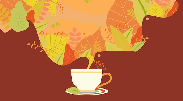 Vector herbal tea cup illustrated with beautiful autumn leaves pouring into mug. editable flat vector