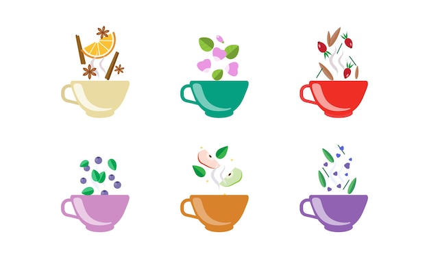 Herbal tea cups set tea with orange blueberry apple cinnamon rosehip anise vector illustration on a