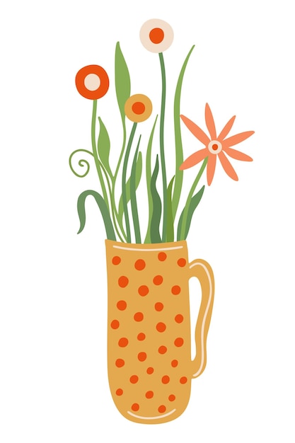 Illustrazione del tè alle erbe fiori selvatici in una tazza gialla di tè decorata con pois