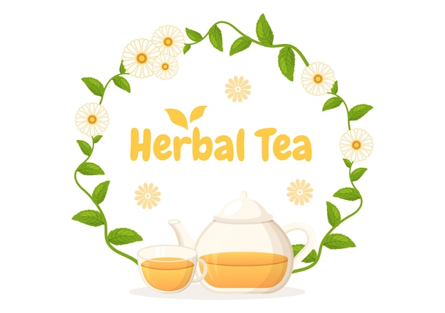 Herbal Tea Illustration with Chamomile Leaves of Health Drink Green to Increase Endurance Concept