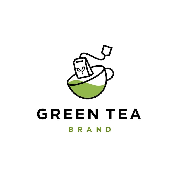 Значок логотипа травяного чая зеленый чай в чашке с иллюстрацией дизайна чайного пакетика здоровый напиток зеленого чая