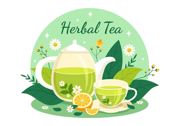 Herbal Tea Vector Illustratie met Kamille Bladeren van Gezondheid Drink Groen en mengsel van Bloemen