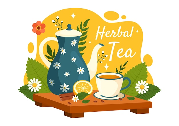 Иллюстрация векторного травяного чая с ромашковыми листьями здоровья, зеленым напитком и смесью цветов