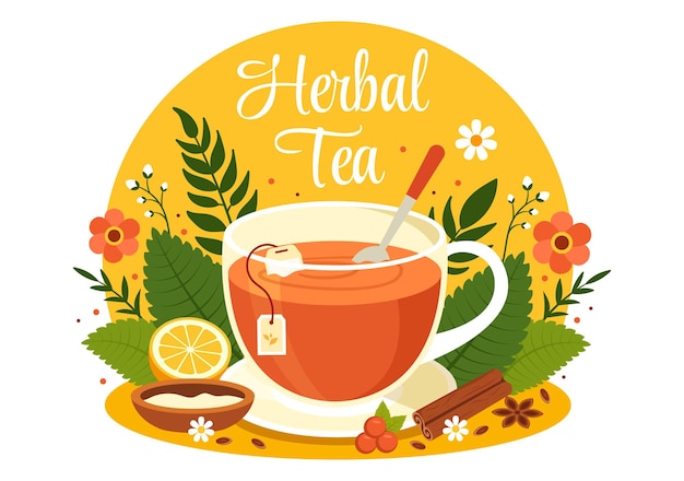 Vector herbal tea vector illustration with chamomile leaves of health drink green and mixture of flowers