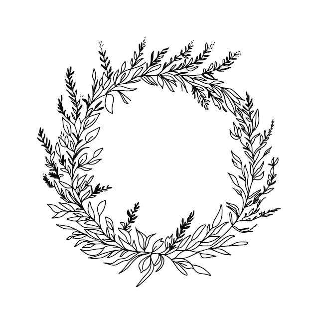 Vector herbal wreath illustration botanical wild meadow grass round frame monochrome sketch drawing