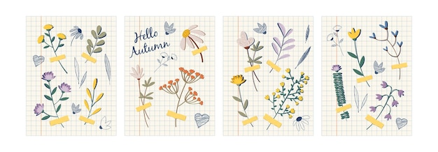 Herbarium of wild flowers on a sheet of notebook Vector illustration of dry flowers in retro style