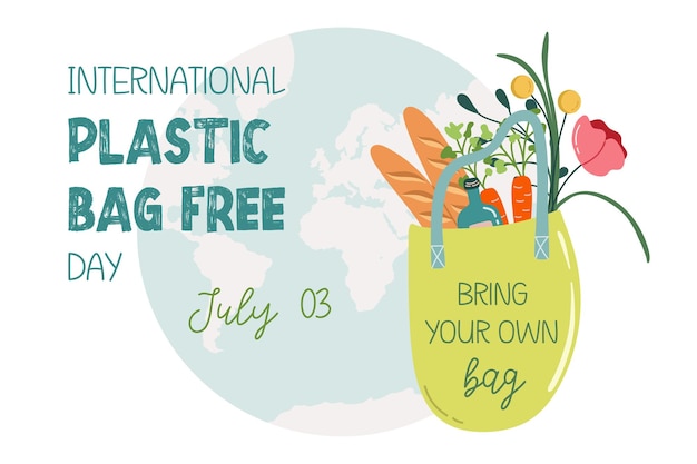 Herbruikbare tas met aankopen en Planet Earth International Plastic Bag Free Day Zero waste