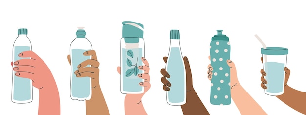 Vector herbruikbare watercontainer verschillende poses van handen die flesje vasthouden beker sportwaterflesje gebruik uw eigen flesje vector geïsoleerde minimalistische illustratie voor ontwerp