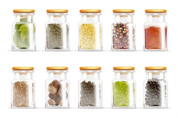 herbs spices jars icon set